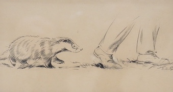 EAS, pencil drawing, Badger following footsteps, initialled, 9 x 16cm. Condition - good